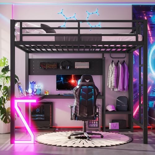 DNYN Metal Loft Bed with L-Shaped Desk and USB Ports for Teens/Adults Bedroom, Heavy-Duty Full Size Metal Bed Frame with Computer Tray/Peg Board/Gaming Style Z-Shaped LED, No Box Spring Needed - Image 3
