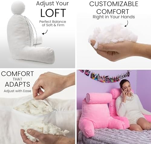 Husband Pillow Medium Reading Pillow with Arms - 23" Backrest for Sitting Up in Bed - Firm Support Bed Rest Pillow for Adults, Neck Roll, Removable Cover - TV, Reading, Lounging - Pink - Image 2