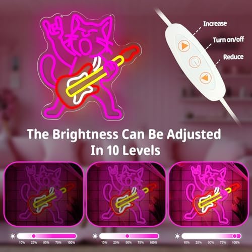 Cat Guitar Neon Signs for Wall Decor Dimmable Rock & Roll Kitty Neon Lights USB Cat Playing Guitar Led Sign Music Cats Neon Wall Decor for Bedroom Bar Studio - Image 3