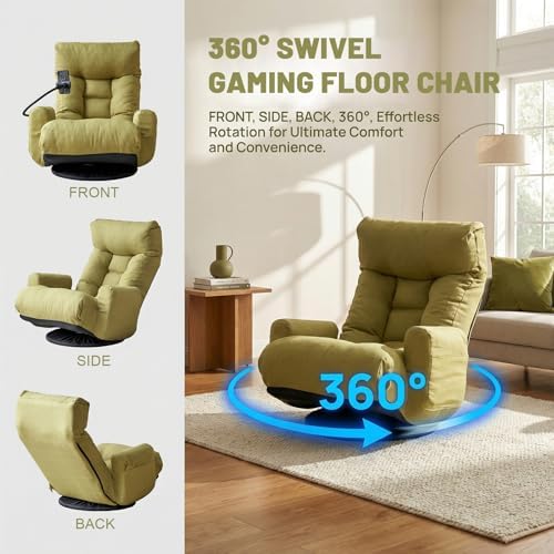 360° Swivel Floor Gaming Chair Linen Folding Chaise Lounge Chair Adjustable Comfy Sofa Chair with Armrests, Phone Holder & Padded Cushion, Ideal for Living Room, Bedroom (Green) - Image 4