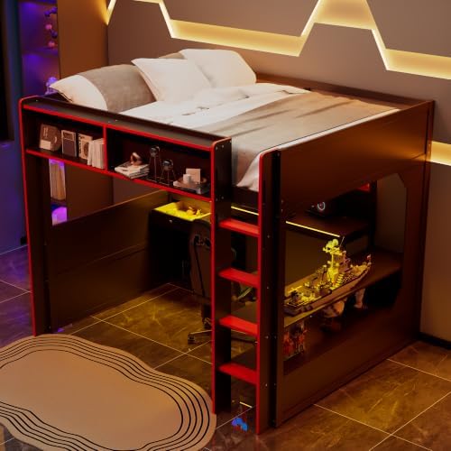 Merax Full Size Gaming Loft Bed with Integrated Desk and Lights, Black+Red - Image 5
