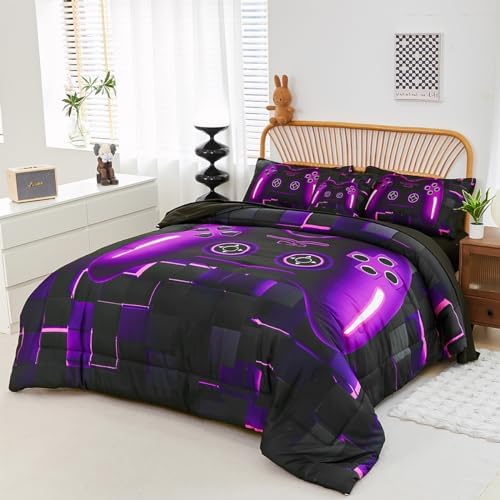 PERFEMET 6 Pieces Gamer Comforter Sets Twin Size Purple Game Console Boys Bed in A Bag 3D Cool Black Gaming Bedding Set for Kids Teen Lightweight Gamepad Bedroom Set(Purple, Twin) - Image 2