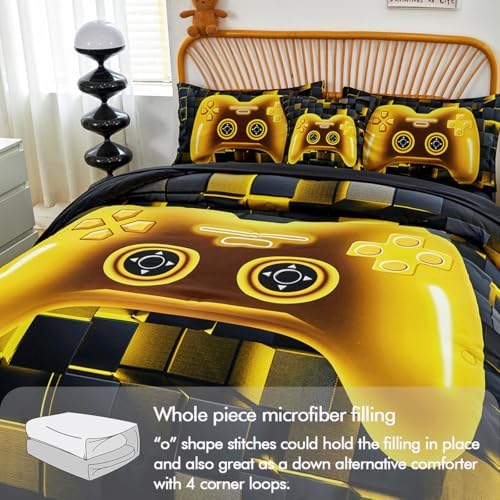 PERFEMET Kids Bedding Sets for Boys Full Size 6 Pcs Black Gold Game Console Comforter with Sheet Set Soft Fluffy Video Gamer Bed Set Lightweight Comfy Gaming Bed in A Bag for All Season(Gold, Full) - Image 6