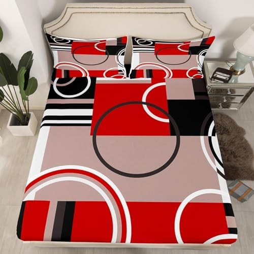 Erosebridal Modern Red Grey Black Stripes Sheet Set Geometric Bed Sheets Full Size Retro Circle Swirls Bedding Set Bedroom Decor Modern Abstract Texture Color Art Fitted Sheet - Image 2