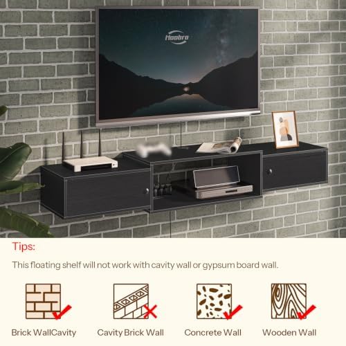 HOOBRO 55" Floating TV Stand with Power Outlets, Modern Wall Mounted Media Console Shelf with Doors, Entertainment Center for Under TV Storage, for Living Room, Bedroom, Black BK11UDS01 - Image 4