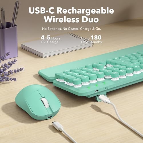 Wireless Keyboard and Mouse Combo, Backlit Round Keycaps, Retro Typewriter Keyboard with Detachable Wrist Rest, Rechargeable & Tilt Legs, 2.4GHz Cordless Connection for Windows/PC (Glowing Turquoise) - Image 5