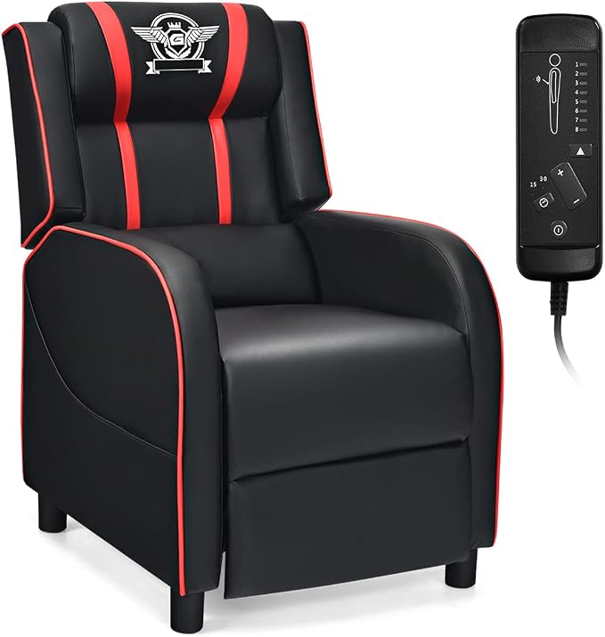 Giantex Gaming Recliner Chair, Adjustable Massage Gaming Chairs for Adults, Ergonomic Comfortable Lounge Leather Sofa w/Footrest, Remote Control & Side Pocket, Racing Style Single Sofa Recliners, Red by Giantex