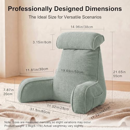 Corduroy Reading Pillow for Sitting Up, Bed Rest Pillow with Arms, Detachable Headrest, Side Pockets & Washable Cover, Back Support for Sofa Couch Relaxing, Grey Green - Image 4