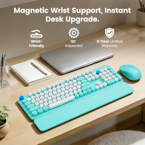 Wireless Keyboard Mouse Combo, Magnetic Wrist Rest, Round Keycap, Aqua Blue - Image 2
