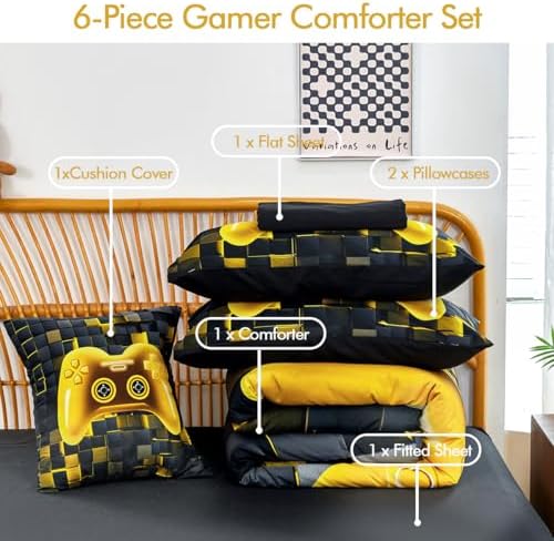 PERFEMET 6 Pieces Queen Bed in A Bag Gamer Black and Gold Boys Comforter Set with Sheets Soft Fluffy 3D Cool Video Game Kids Bedding Set for Teen Girls(Gold, Queen) - Image 3