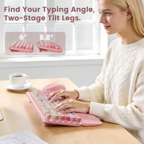 Wireless Keyboard and Mouse Combo with Magnetic Wrist Rest, Round Keycaps, Full-Size Retro Typewriter-Style Keyboard, Two-Stage Tilt Legs, Auto-Sleep, 2.4GHz for Windows PC Laptop, Pink Colorful - Image 5