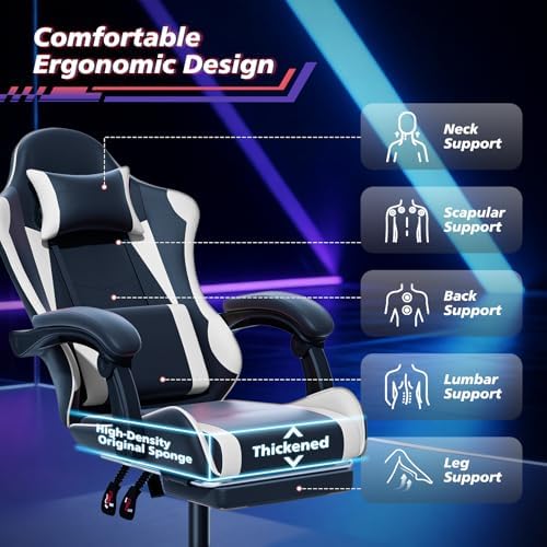 Magshion Video Gaming Computer Chair with Footrest, White | Ergonomic, Lumbar Support, Adjustable Height, Racing Style, High Back Recliner, Comfy Leather, Swivel Seat, for Home Office - Image 5