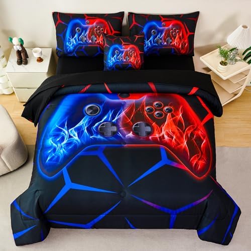 ZRNBAST 6-Piece Gamer Comforter Set Queen Size Red and Blue Gaming Bedding Sets for Boys with Sheets Soft Fluffy Game Console Design Bed in a Bag (Red Blue, Queen) - Image 3