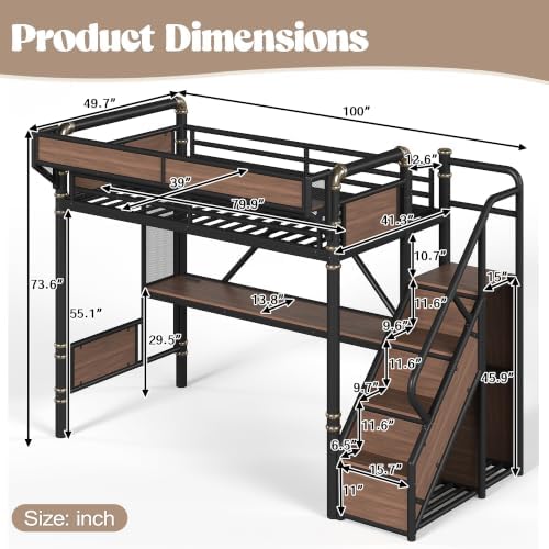 Bellemave Twin XL Metal Loft Bed with Stairs and Desk for Kids,Adult,Black - Image 2