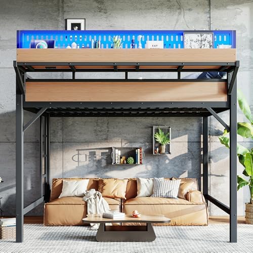 KEIKI Queen Metal Loft Bed with Shelves, Pegboard, USB Ports and LED Lights - Image 3