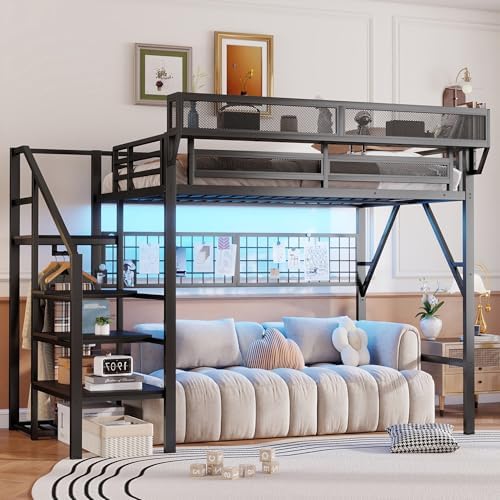 KEIKI Full Size Metal Loft Bed Frame with Grid & Staircase & Built-in Storage Shelves & Wardrobe, Modern Loft Bed with Solid Slat & Guardrail, No Box Spring Required, Easy Assembly, for Bedroom, Black - Image 4