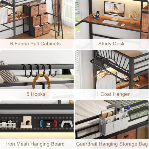 Decofy Twin Loft Bed with Desk and 6 Storage Drawers, Metal Loft Bed Twin Size with Charging Station & LED Lights, Bed Frame with Hanging Rod, Safety Ladder & Guardrail, Bedside Caddy for Kids, Teens - Image 5