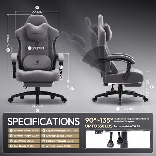 Dowinx Gaming Chair with Heated Massage Lumbar Support,Big and Tall Fabric Gaming Chairs for Adults with Footrest, Ergonomic Computer Game Chair with Poket Spring Cushions, 350lbs, Gray - Image 3