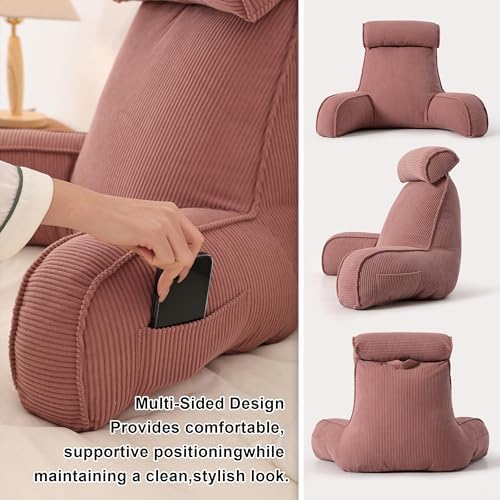 Corduroy Reading Pillow with Arms & Detachable Neck Roll, Bed Rest Back Support, Adult Cushion for Sitting Sofa & Floor, Side Pockets & Washable Cover, Brick Brown - Image 4