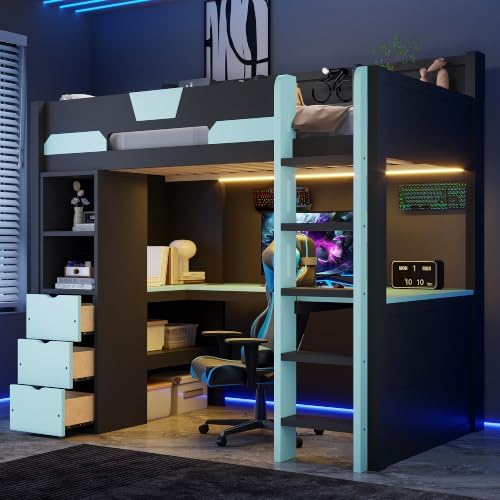 Merax Twin Size Wood Gaming Loft Bed with U-Shaped Desk, Lights & USB Ports - Image 4