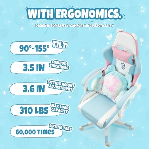 Vigosit Cute Cat Ears Gaming Chair - Pink Blue Unicorn Design, Ergonomic PU Leather Office Chairs Cute with Lumbar Support, 360° Swivel Recliner - Image 6