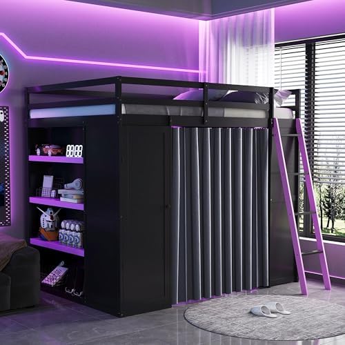 Merax Full Size Loft Bed with Desk and 6 Storage Shelves, Wardrobe, Blackout Curtain, Solid Wood Gaming Loft Bed Frame with USB Port & RGB Lights, No Box Spring Needed, Space-Saving, Black+Purple - Image 4