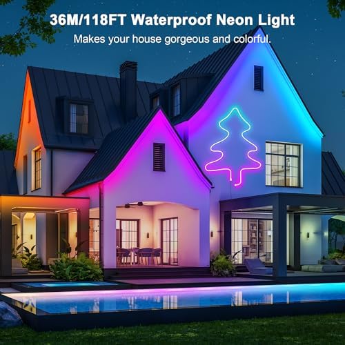 Cozylady RGB Neon Light LED Rope Light,Waterproof Bluetooth APP Remote Control Music Sync Strip Light,24V Flexible DIY Silicone Light for Bedroom Home Indoor Outdoor Decoration (120ft-36M) - Image 2