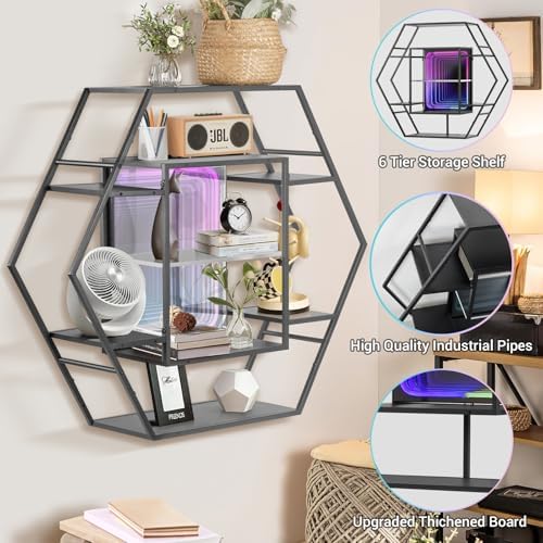 FUSLITE Infinity Mirror Gaming RGB Hexagon LED Floating Shelf, 36.6" - Image 5