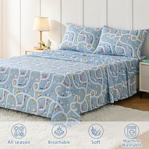 Full Sheets Set for Boys Kids - 4-Piece Car Town Bedding Set, Breathable Blue Town 3D Fitted Sheets with 14" Deep Pocket, Ultra-Soft Lightweight Bedroom Essentials - Image 3