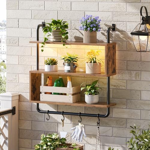 HOOBRO Floating Shelves with LED Lights, 29.5" LED Wall Mounted Gaming Shelf, 3-Tier Pipe Display Rack with Hanging Rod and 4 S-Hooks, for Storage Livingroom, Bedroom, Rustic Brown and Black BF21DBJ01 - Image 2