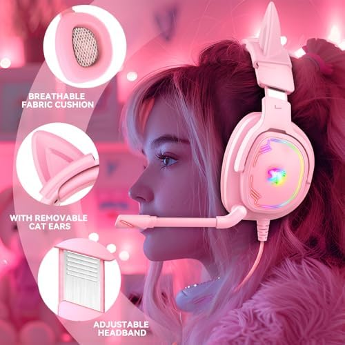 Jimonyer Gaming Headset with Microphone, 7.1 Surround Sound and Noise Canceling Over Ear Headphones for PC/PS4/PS5/Xbox Series/Switch, RGB Light and Soft Imitation Protein Earmuffs (PinkCat) - Image 3