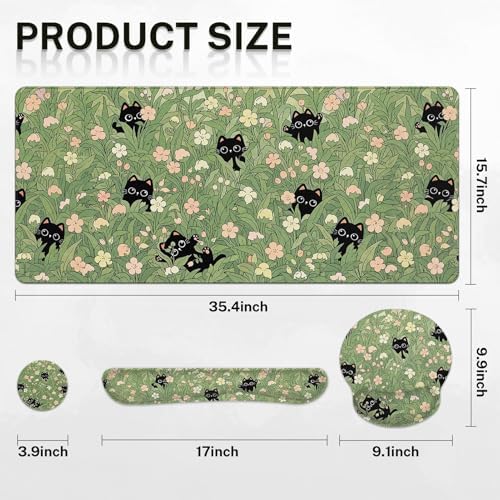 Arttown Keyboard Mouse Pad Set, 4 in 1 Desk Mat Set Black Cat - Image 2