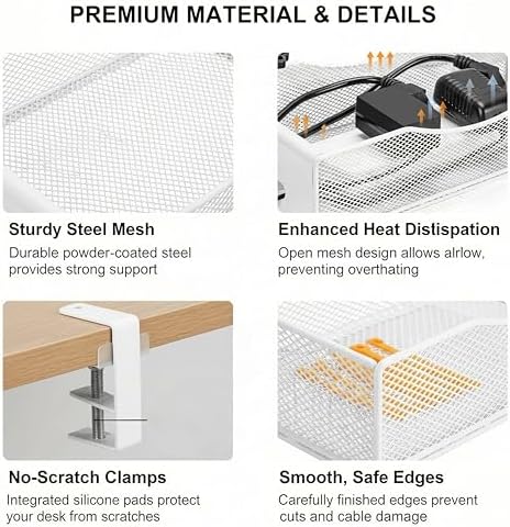 Extra Wide Under Desk Cable Management - 7inch No Drill Installation Cable Management Tray, Clamp/Screw Mount Desk Cable Management, Cable Management Tray for Office, Home((White, XL) - Image 6