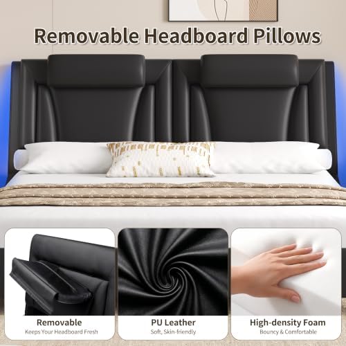 Keyluv King LED Upholstered Bed Frame with Adjustable Headboard, Black - Image 6