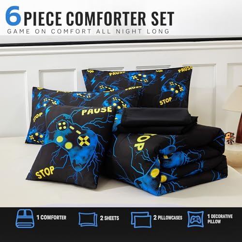 ZRNBAST 6-Piece Bed in A Bag Gamer Bedding Sets Full Size Blue Lightnings Gaming Comforter Set for Boys Teens Soft Lightweight Video Game Room Decor Home Quilt Set(Blue,Full) - Image 6