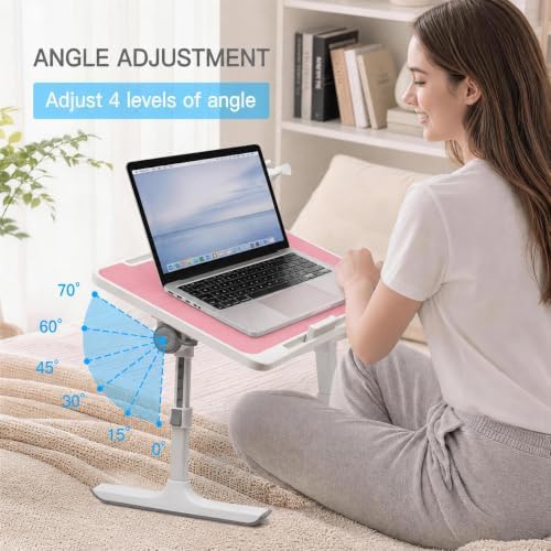 Lap Desk with Cooling Fan, LED Light and USB Port, Adjustable Laptop Desk with Storage Drawer, Foldable Laptop Table for Bed Sofa Work Study, Portable Computer Desk (Pink) - Image 4