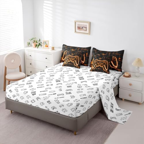 Feelyou Kids Gamer King Comforter Set with Sheets 7 Piece Orange and Black Bedding Set for Boys Teens Decor Gaming Ombre Bed in a Bag Geometric Square Bed Set - Image 4
