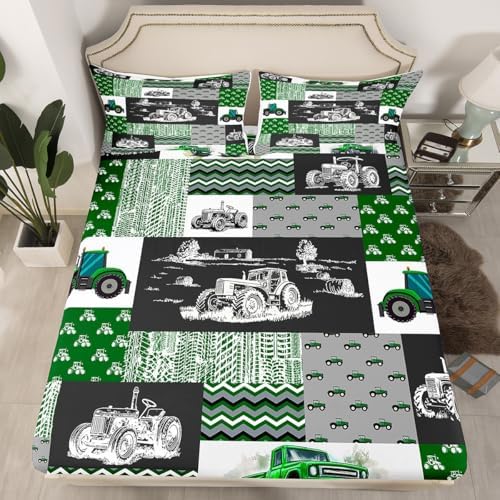Erosebridal Green Tractor Bed Sheets Full Size Farm Vehicle Truck Bedding Set Cartoon Equipment Construction Harvester Sheet Set for Kids Boys Car Bedroom Decor with 2 Pillowcases, Grey - Image 2