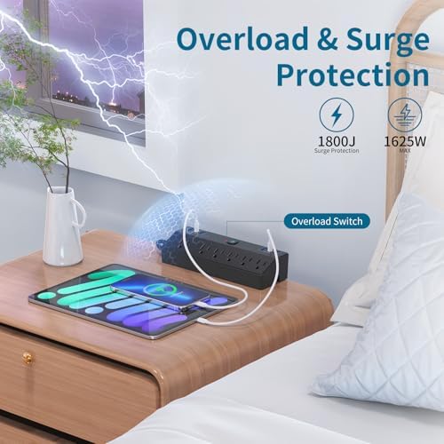Desk Clamp Power Strip 6FT with 40W USB C Ports, JXGUCAT Flat Plug Desk Mount Power Strip Surge Protector, Removable Extension Cord with 2 USB-C Ports 6 Outlets, Fits 1.8" Tabletop Edge, Black - Image 4