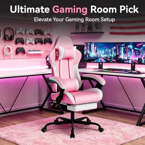 Pink Ergonomic Video Gaming Chair | Massage Lumbar Support, 90°-135° Reclining with Footrest, Adjustable Height 360° Swivel PU Leather Office Chair for Adults - Image 4