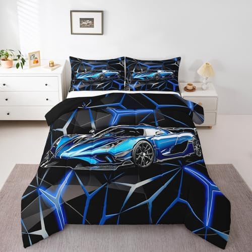 Feelyou Kids Boys Sports Car Comforter Set Queen Size Blue Race Car Comforter for Kids Teens Room Decor Extreme Sports Bedding Set Cool Speed Car Decor Quilt Set Soft for All Season - Image 6