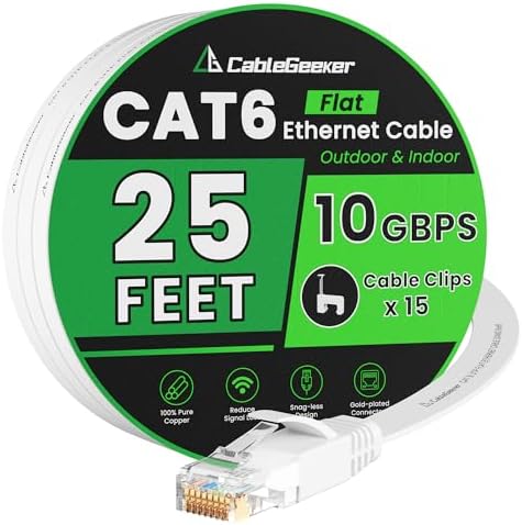 CableGeeker Cat 6 Flat Ethernet Cable 25ft, 10Gbps, White by CableGeeker