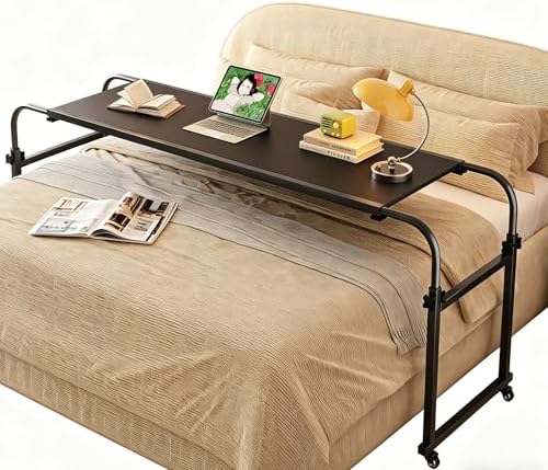 TigerDad Heavy Duty Overbed Table with Wheels, 55"-83" Adjustable Cross Bed Desk for King Queen Size, Mobile Rolling Laptop Cart for Home Office & Hospital Bed by TigerDad