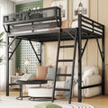 KEIKI Queen Size Metal Loft Bed Frame with Ladder and Built-in Storage Shelves, for Teens, Modern Style Loft Bed with Solid Slats, Guardrail, No Box Spring Required, Easy Assembly, for Bedroom, Black by KEIKI