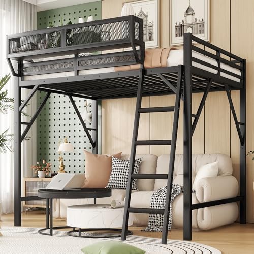 KEIKI Queen Size Metal Loft Bed Frame with Ladder and Built-in Storage Shelves, for Teens, Modern Style Loft Bed with Solid Slats, Guardrail, No Box Spring Required, Easy Assembly, for Bedroom, Black by KEIKI