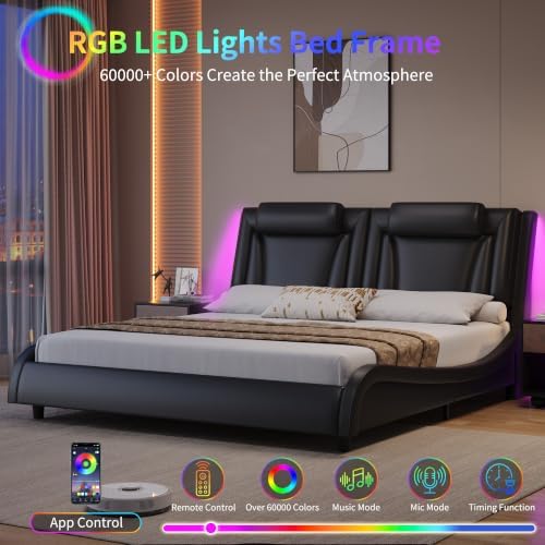Keyluv King LED Upholstered Bed Frame with Adjustable Headboard, Black - Image 4