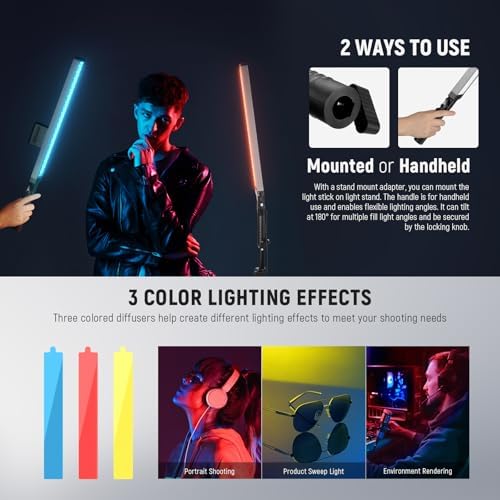 NEEWER Upgraded LED Video Light Stick & 2.4G Remote Kit, 2 Pack Handheld Dimmable 3200K~5600K CRI97+ Video Lighting with Stands/Filters/Bag for YouTube Video Recording Photography Gaming, BH20B Black - Image 5
