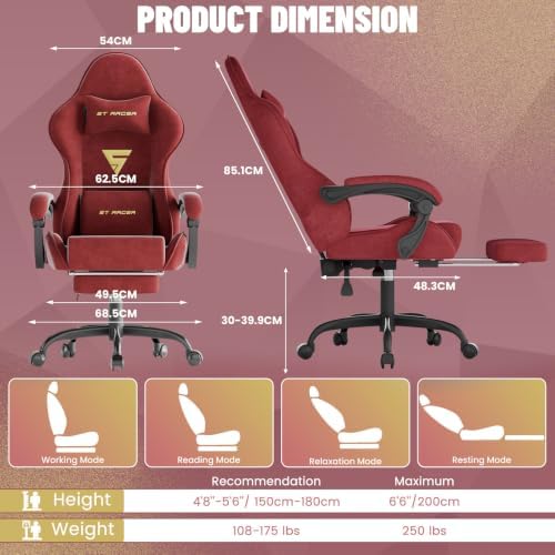 Ferghana Ergonomic Velvet Gaming Chair with Massage, Footrest & Reclining High Back, Racing Style Computer Desk Chair for Adults, Home Office Use, Red - Image 3
