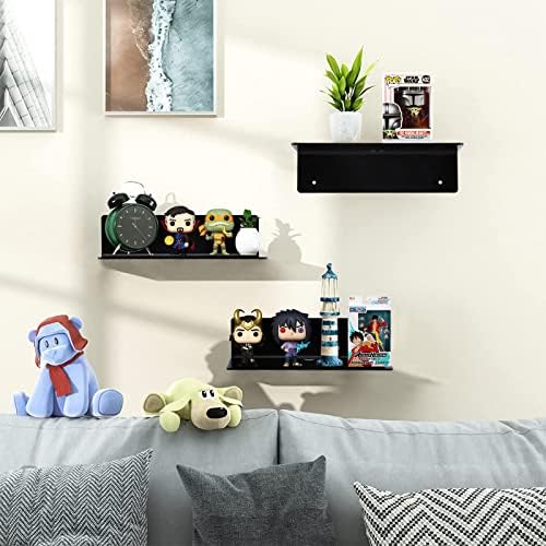 9 Inch Acrylic Floating Shelf No Drill Adhesive Wall Shelf Set of 4 for Funko Pop Storage, Floating Shelves Damage-Free Expand Wall Space for Living Room, Bathroom, Gaming Room, Office - Black - Image 6