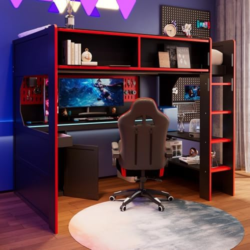 Merax Twin Size Gaming Loft Bed with Integrated Desk and Lights, Black+Red - Image 4